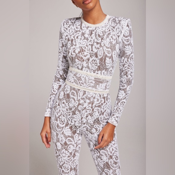 NADINE MERABI Pants - NEW NADINE MERABI BELLA WHITE JUMPSUIT XS 2 No BELT WEDDING BRIDAL LACE SEQUIN